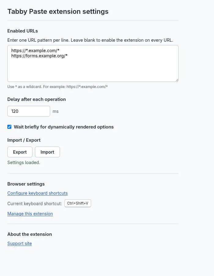 Tabby Paste settings page