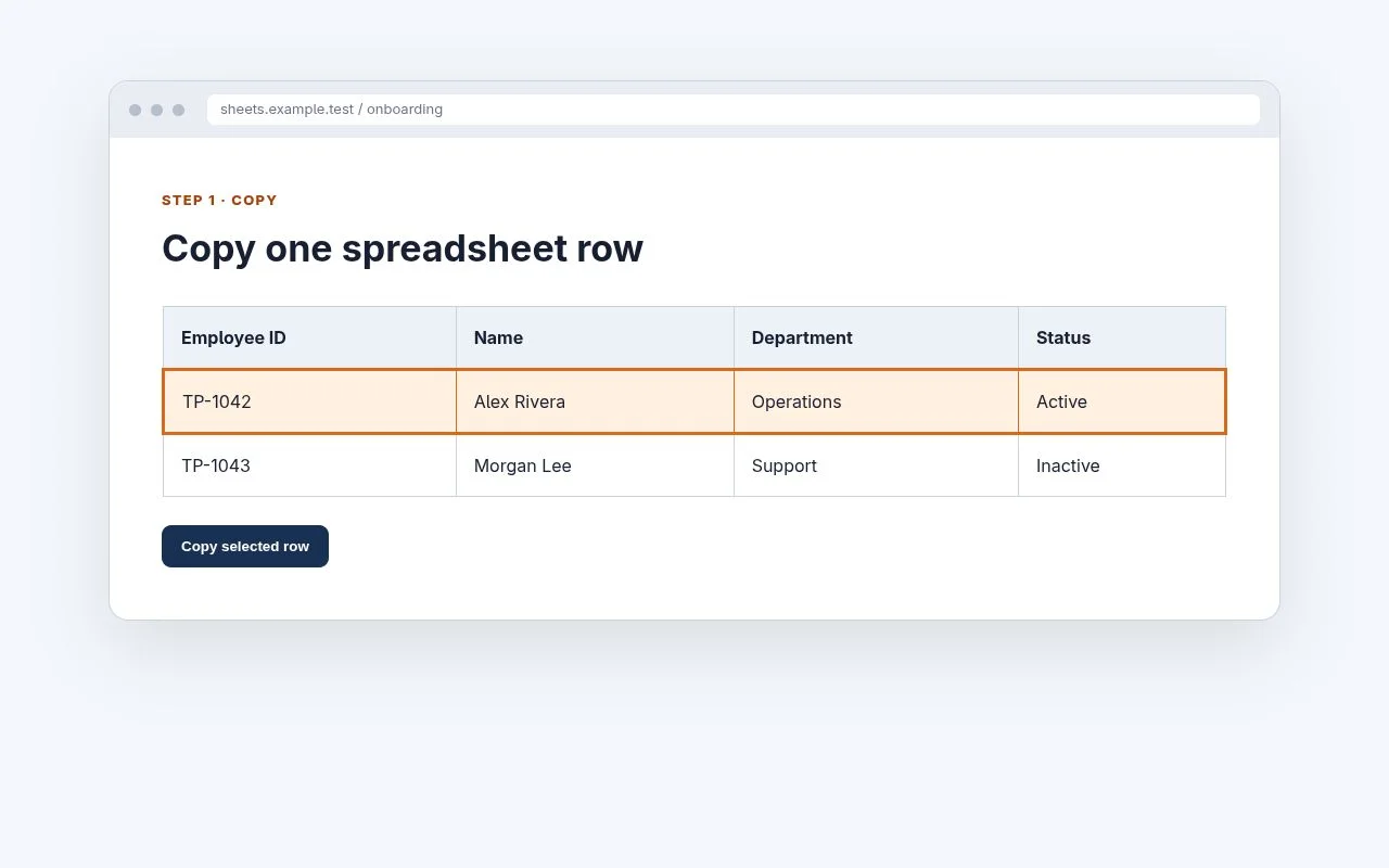 A selected spreadsheet row ready to copy